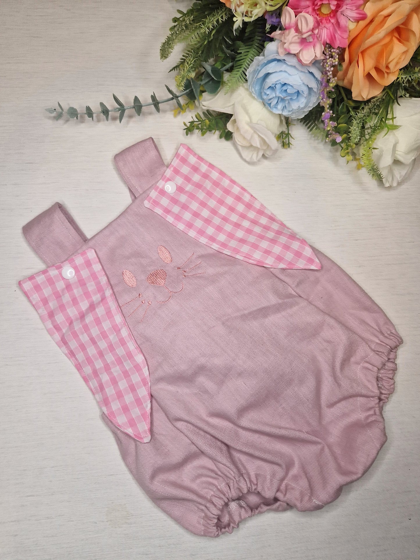 Pink gingham bunny ears romper