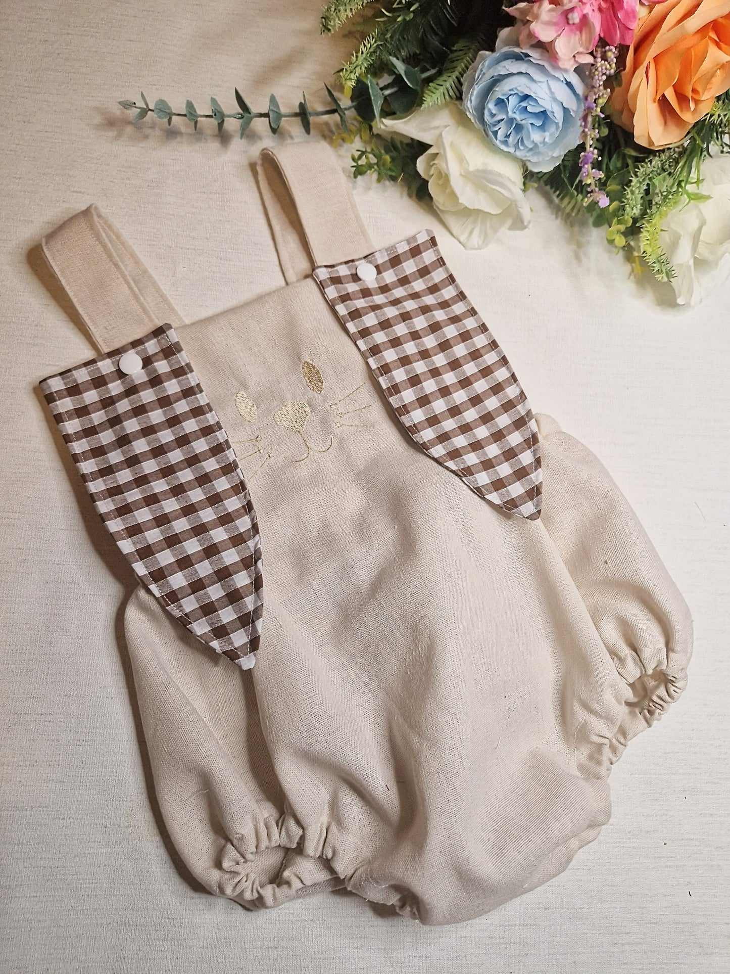 Unisex brown gingham bunny ears romper