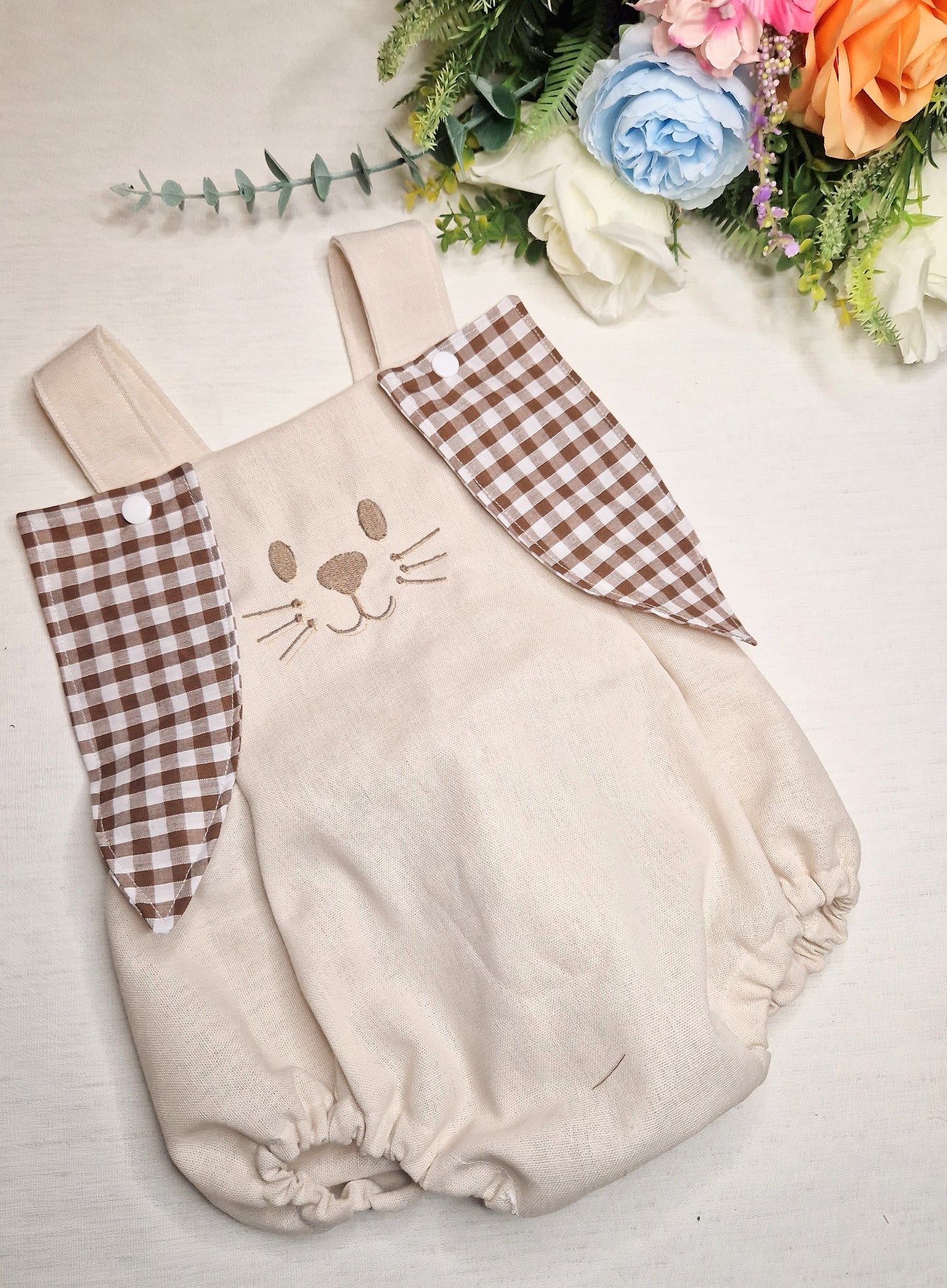 Unisex brown gingham bunny ears romper