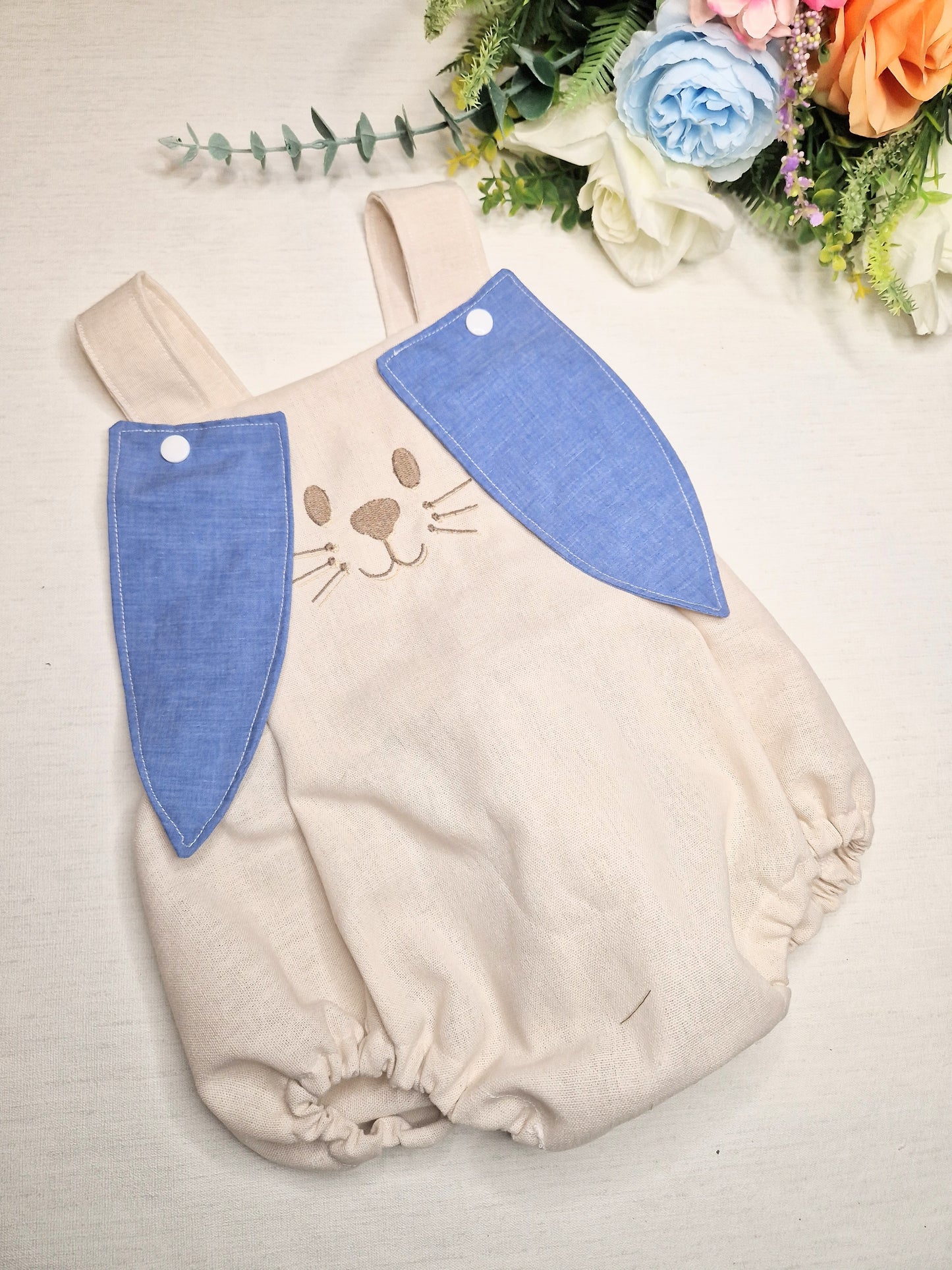 Unisex denim blue bunny ears romper