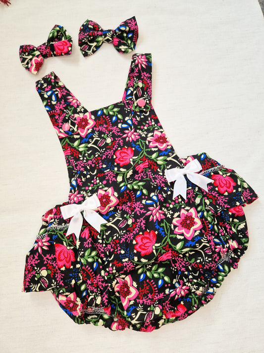 Pink floral corduroy frilly romper