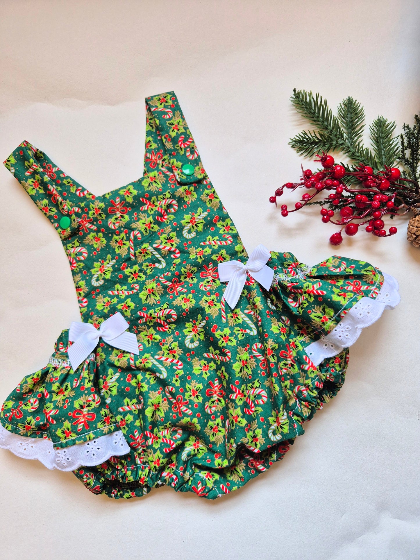 Green holly frilly romper