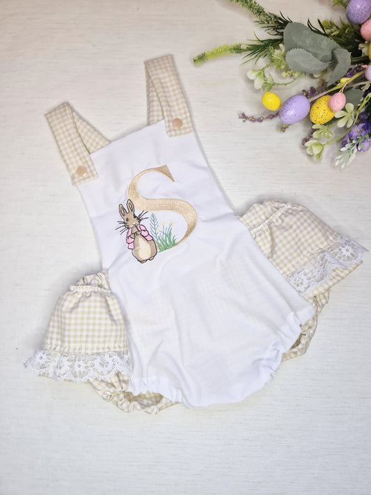 Beige peter initial rabbit frilly romper