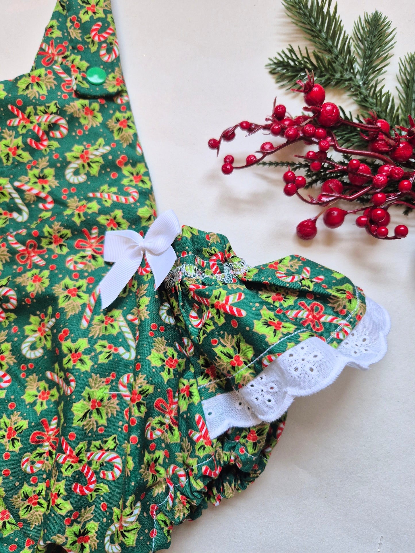 Green holly frilly romper