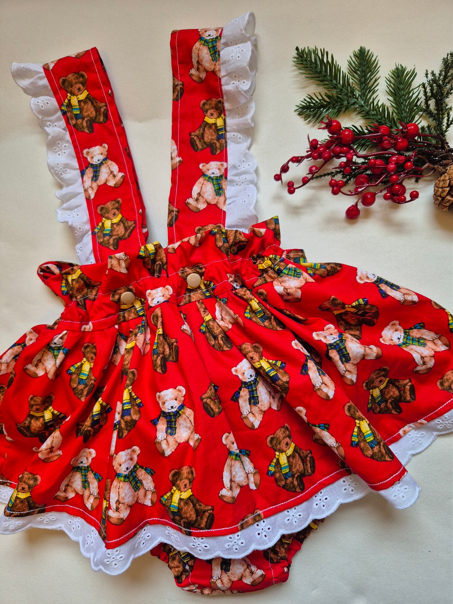 Christmas teddy peplum bloomers with frilly braces