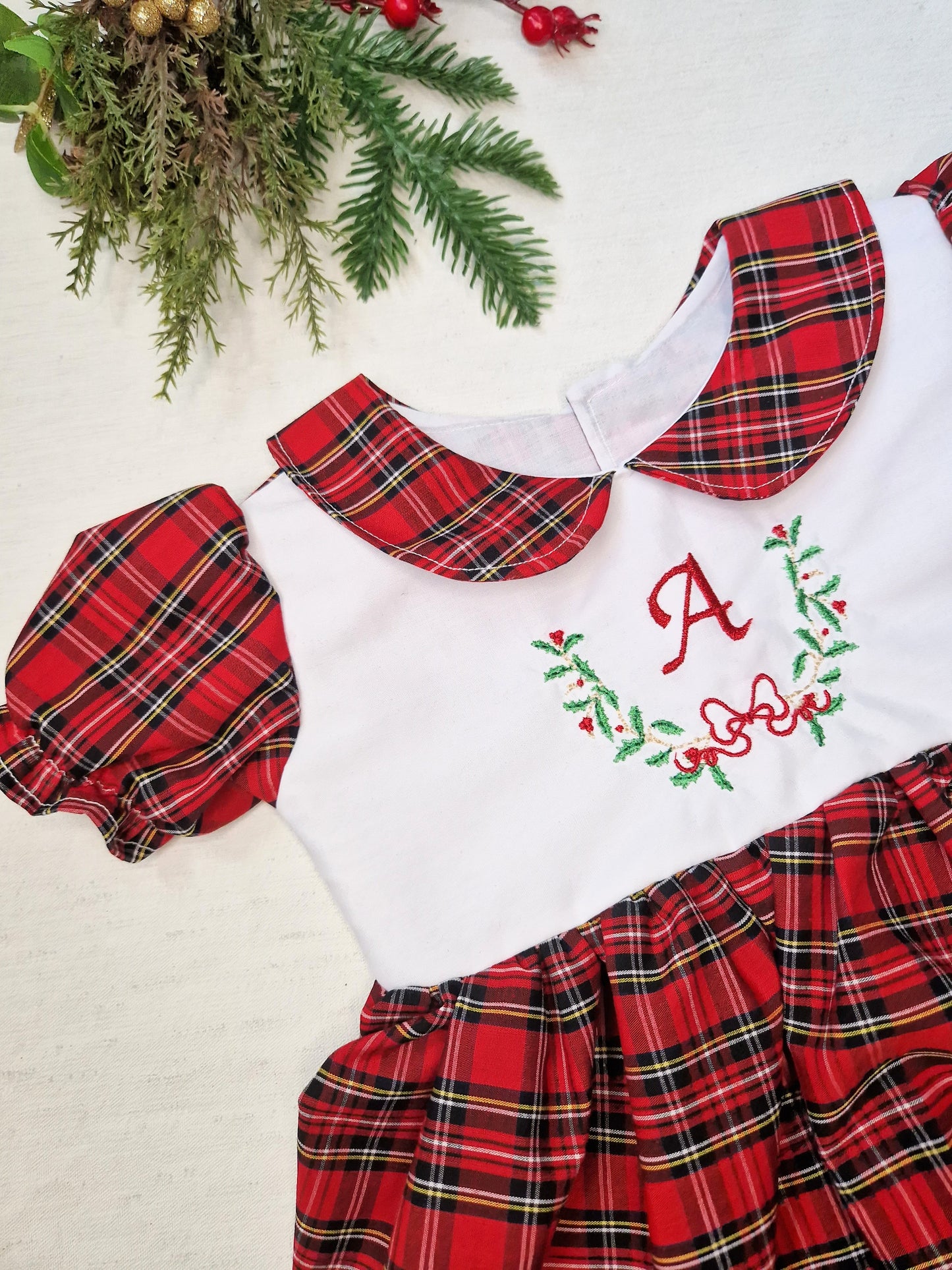 Red tartan wreath initial Tilly dress