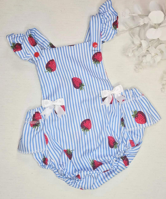 Blue strawberry frilly romper
