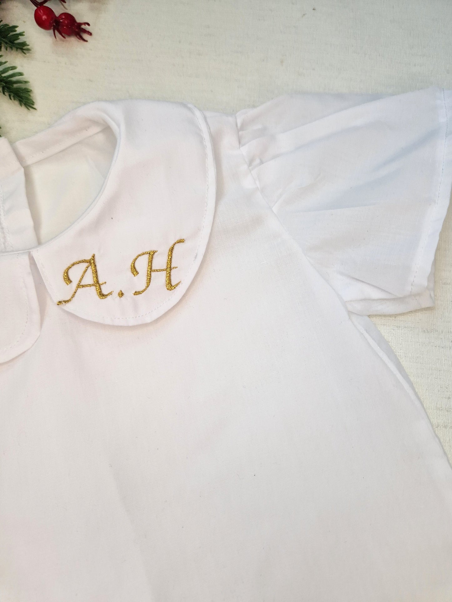 White linen Polly blouse with initials