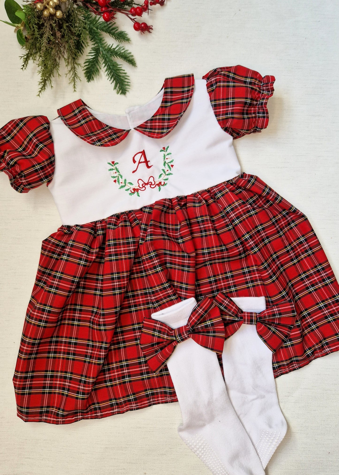 Red tartan wreath initial Tilly dress