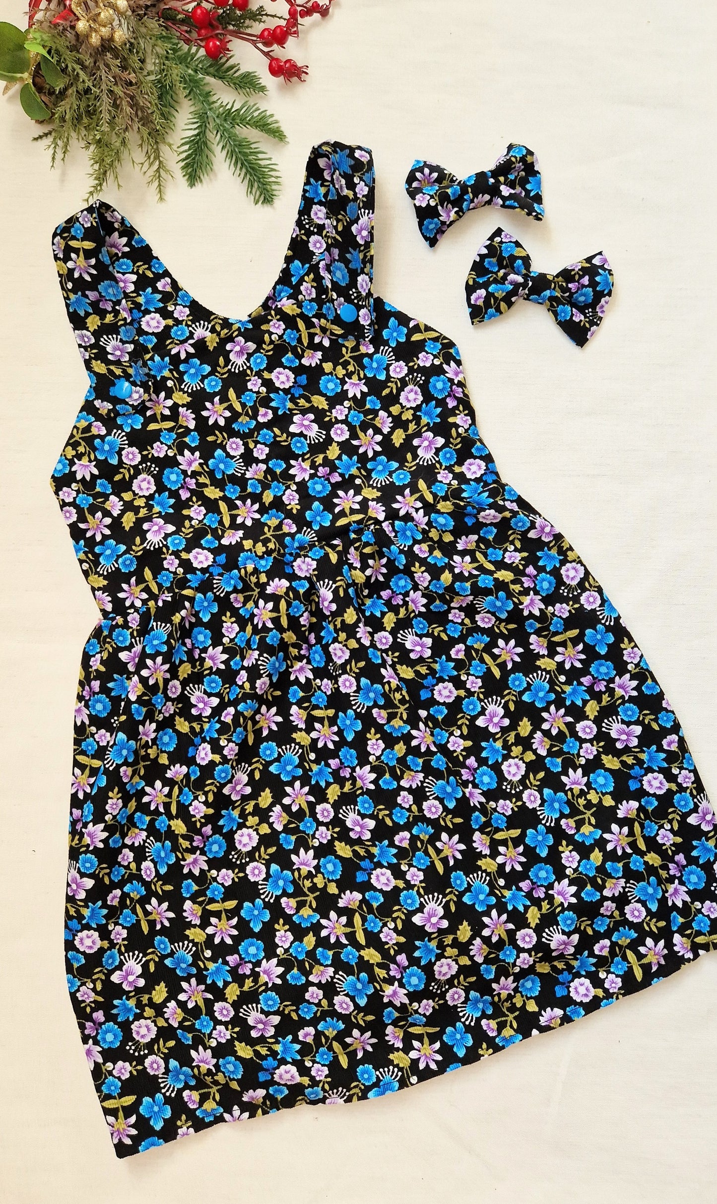 Blue floral corduroy dungaree dress