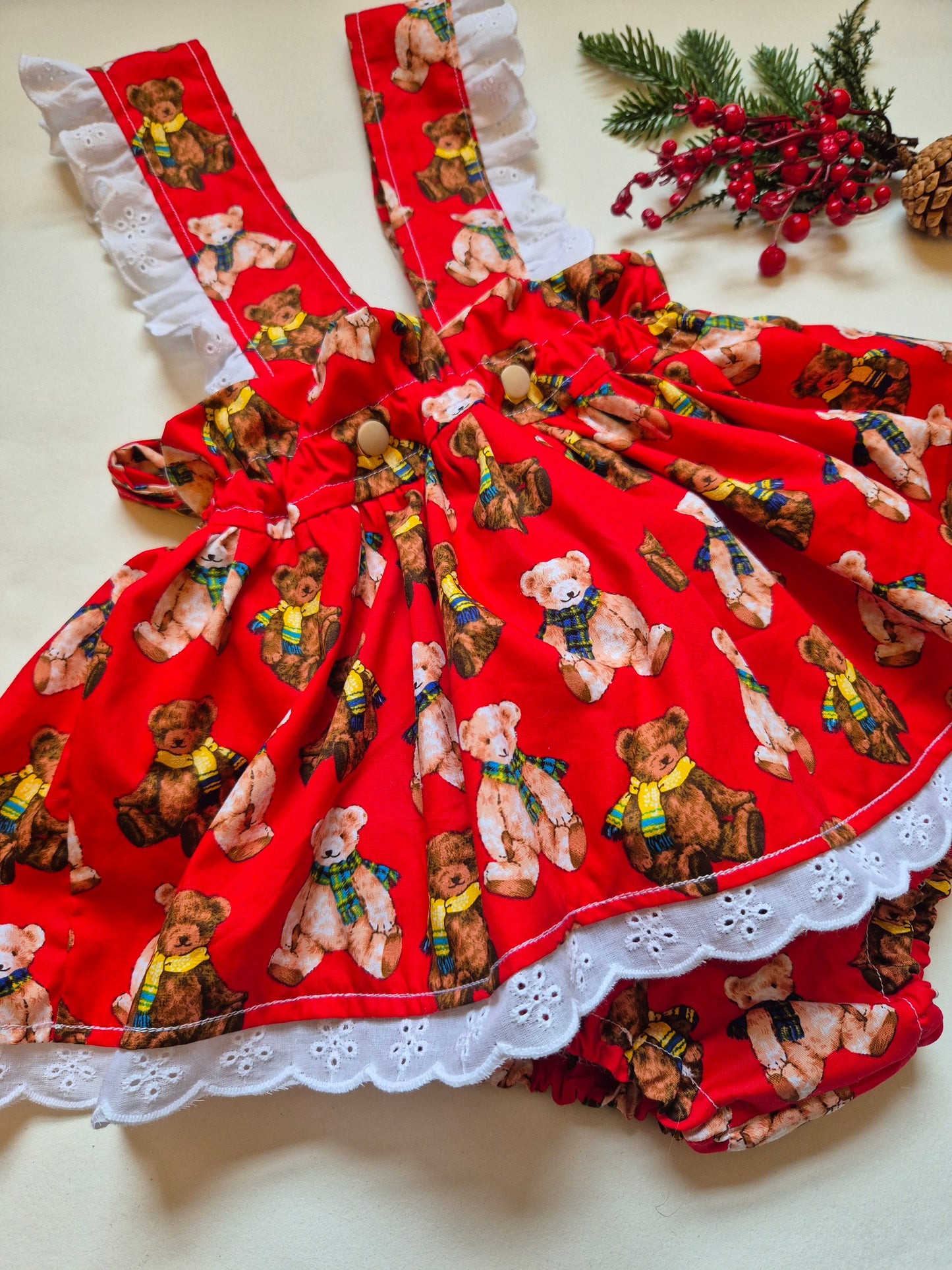 Christmas teddy peplum bloomers with frilly braces