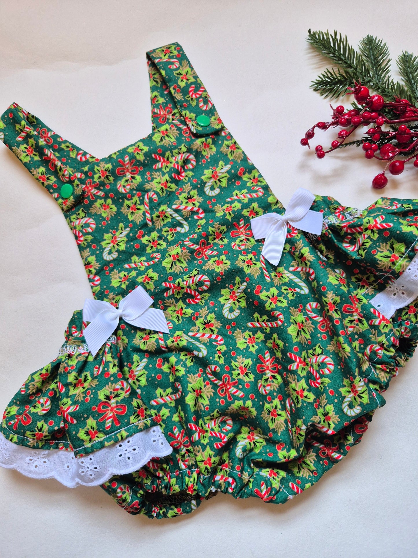 Green holly frilly romper