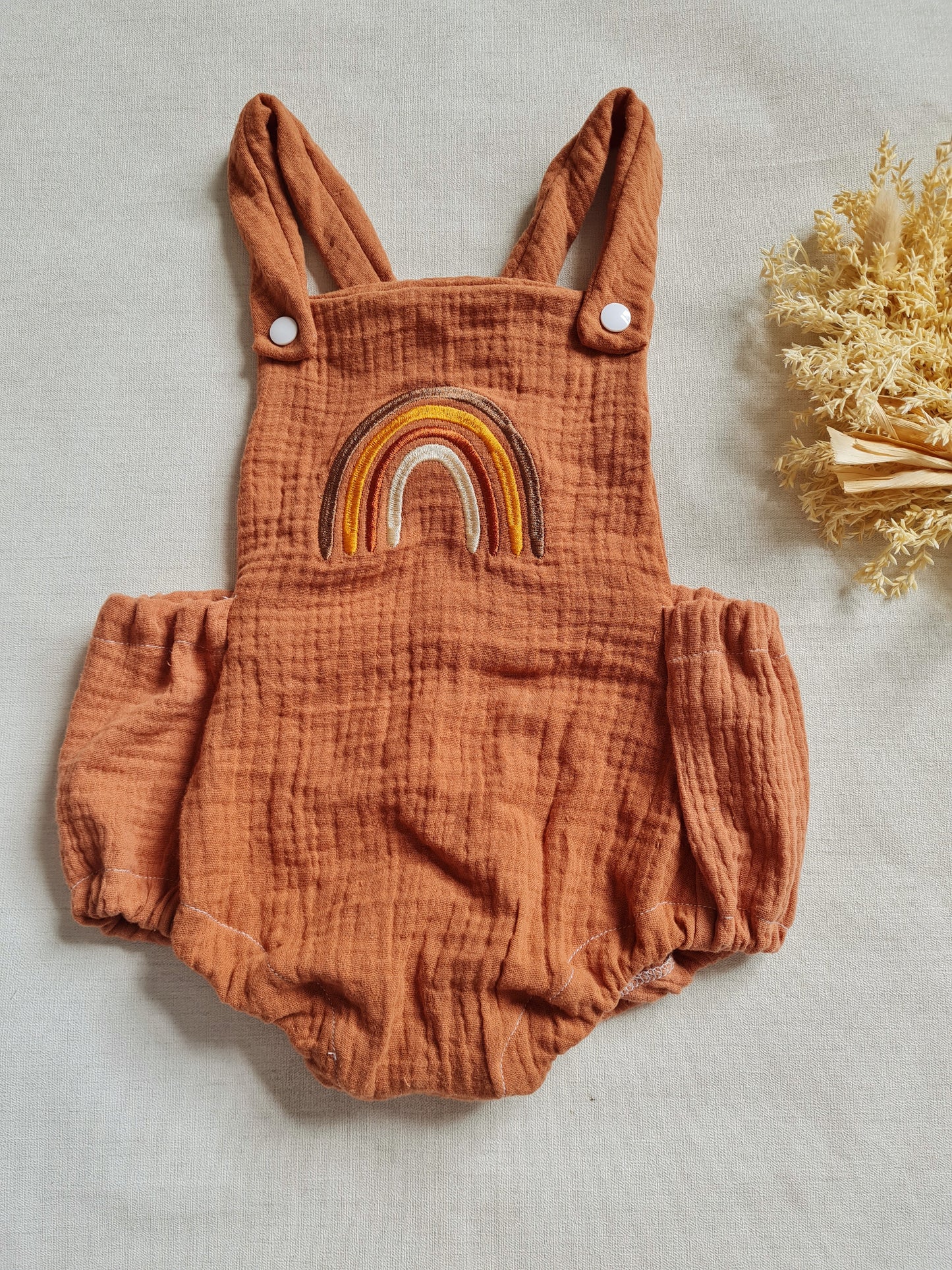 Muslin rainbow romper rust