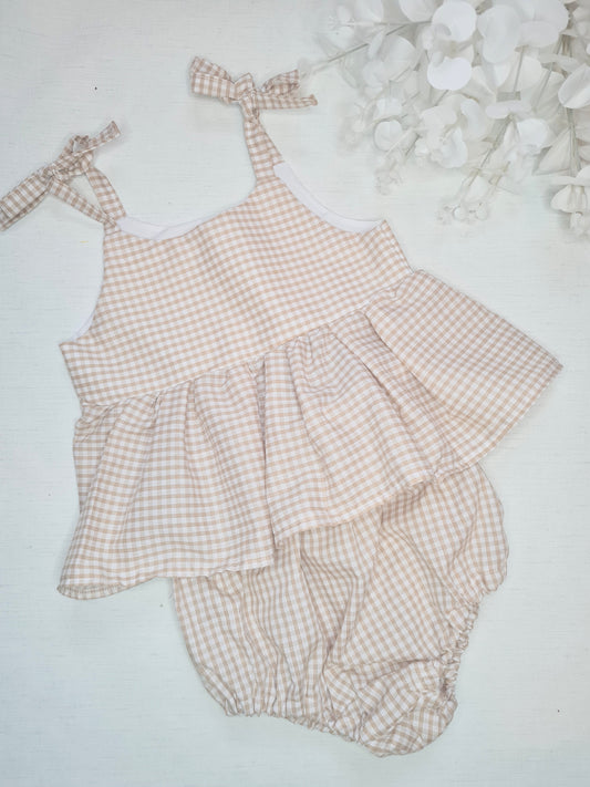 Beige gingham spring two piece set