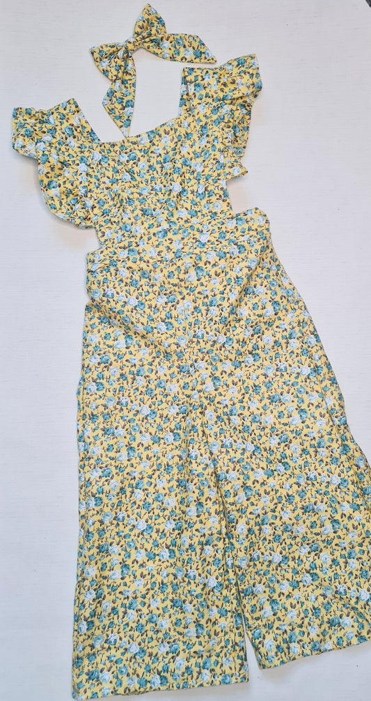 Yellow & teal floral wide leg dungarees