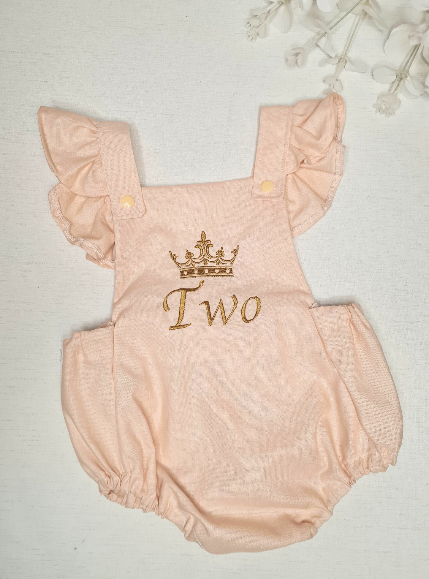 Rose linen number crown birthday frilly romper